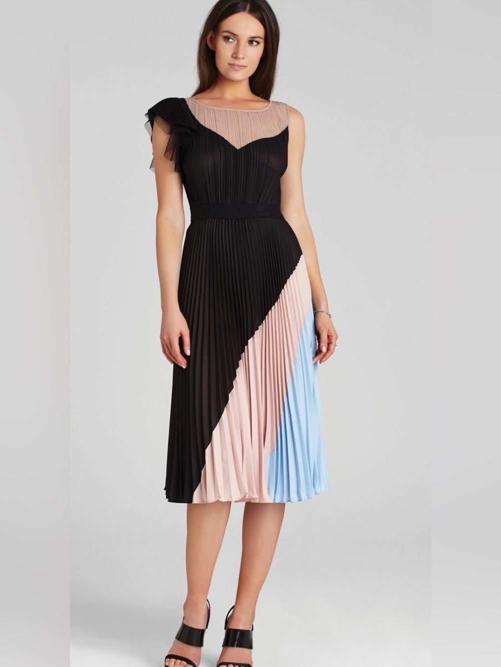 BCBGMaxAzria Black, Blush & Light Blue Pleated Midi Dress